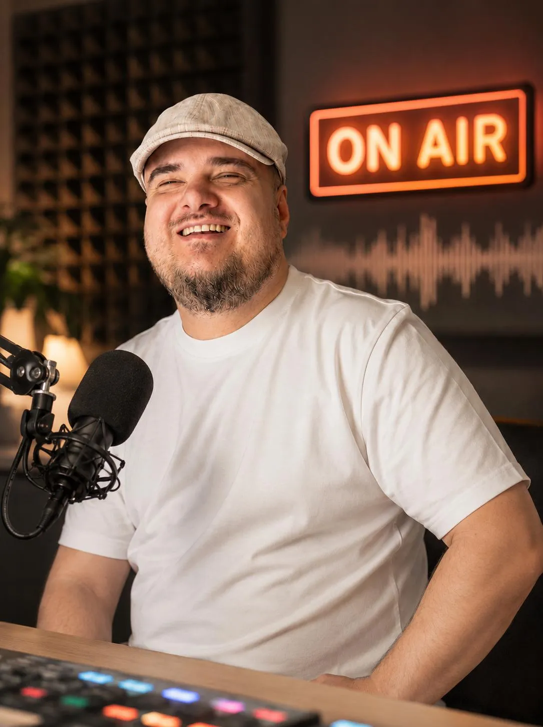 Michał Dziwisz w studiu radiowym: w kaszkiecie i białej koszulce, uśmiechnięty, przy mikrofonie; w tle świecący neon ON AIR.